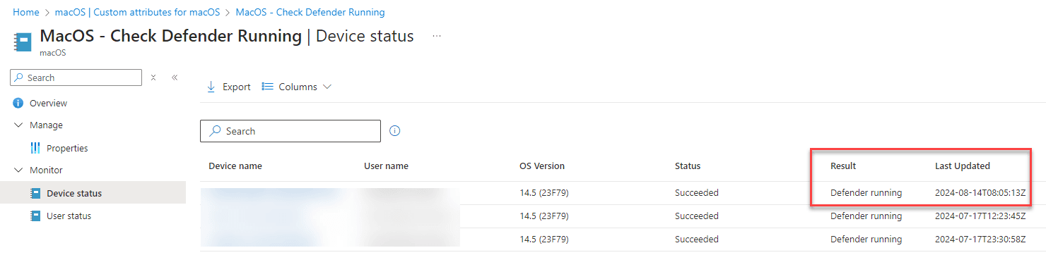 Custom attribute results: CPU architecture, Defender version, Edge version, RAM